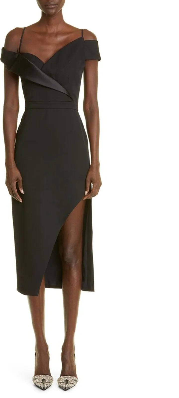 Crisp Asymmetric Off the Shoulder Wool Midi Dress