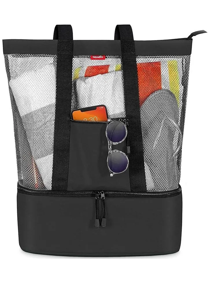 Aiwanto 2 in 1 Travel Bag Picnic Bag Mesh Beach Tote Bag Ladies Bag Beach Bag With Zipper Top And Insulated Picnic Cooler Bag For Travel Swimming Camping(Black)