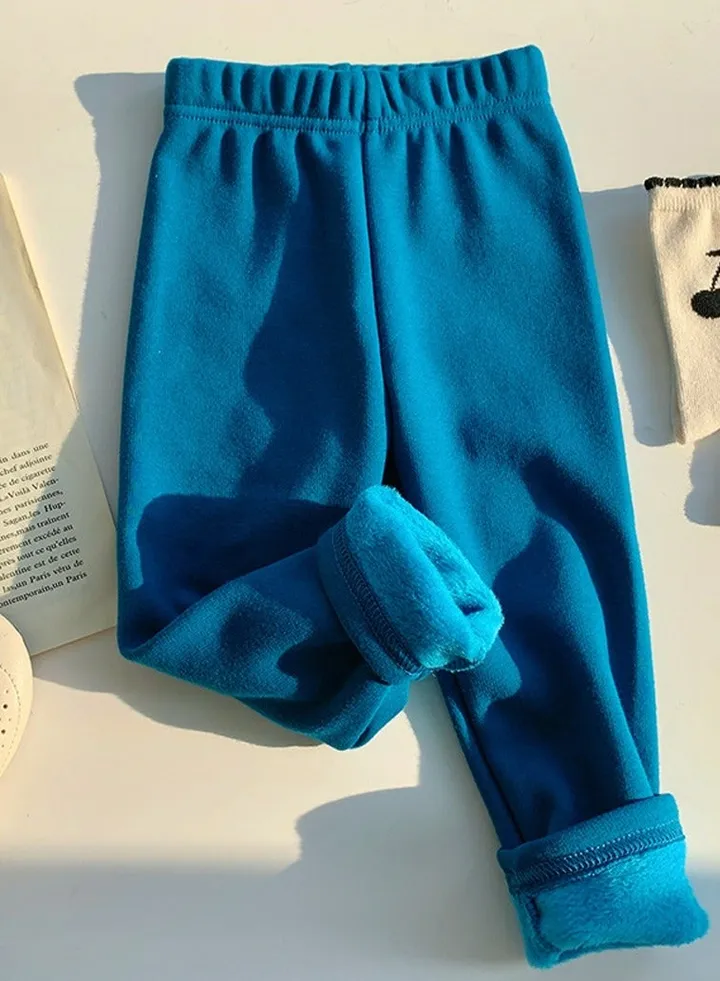 Kids Solid Color Thick Thermal Underwear Pants Cotton Soft Long Johns Base Layer Bottom Children's Pajama Pants Blue