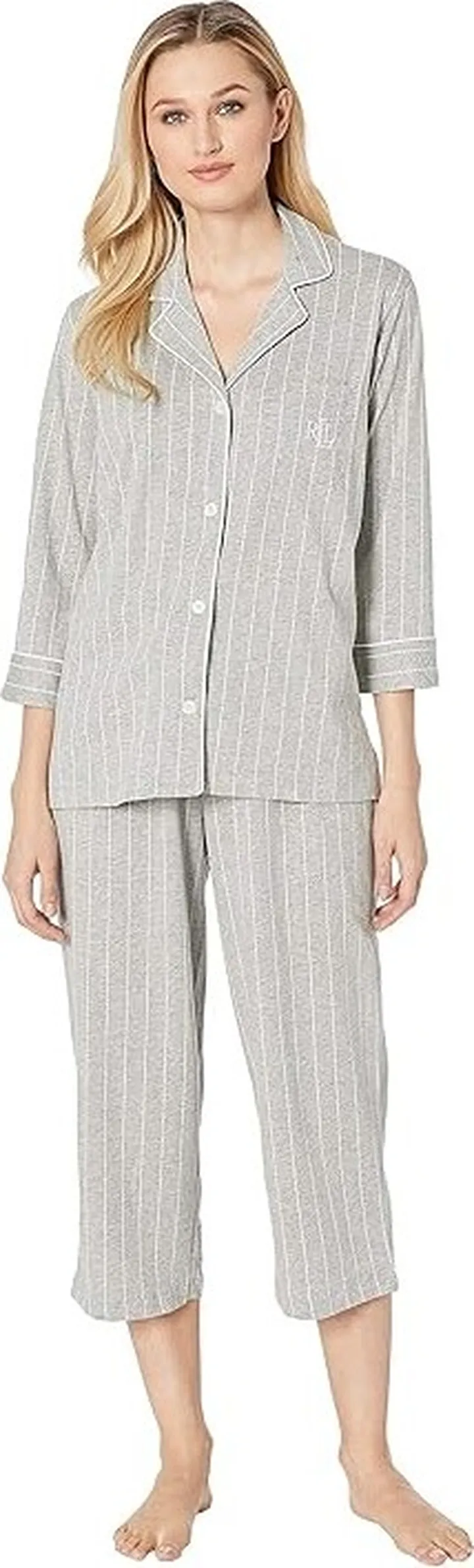 LAUREN Ralph Lauren Essentials Bingham Knits Capri PJ Set (Grey Stripe) Women's Pajama Sets