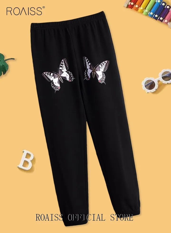 Girls Butterfly Print Elastic Waist Sweatpants Casual Toddler Kids Soft Long Pants Clothing Children Elastic Waistband Bottoms Fall Winter Outfit Black