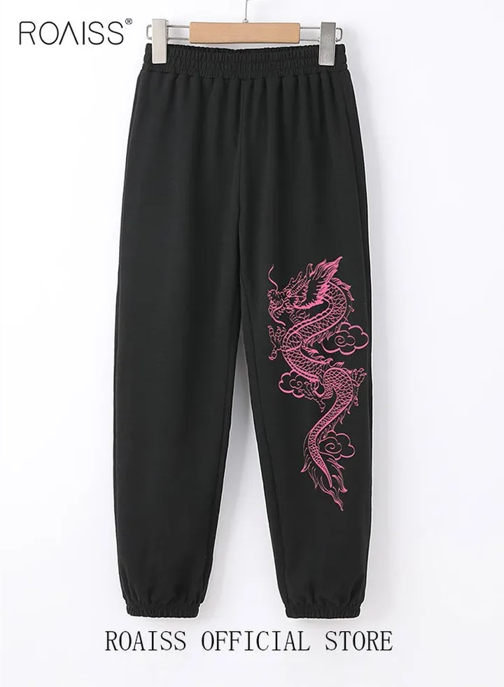 Kid's Dragon Graphic Print Elastic Waist Sweatpants Casual Toddler Kids Soft Long Pants Clothing Children Elastic Waistband Bottoms Fall Winter Outfit Black