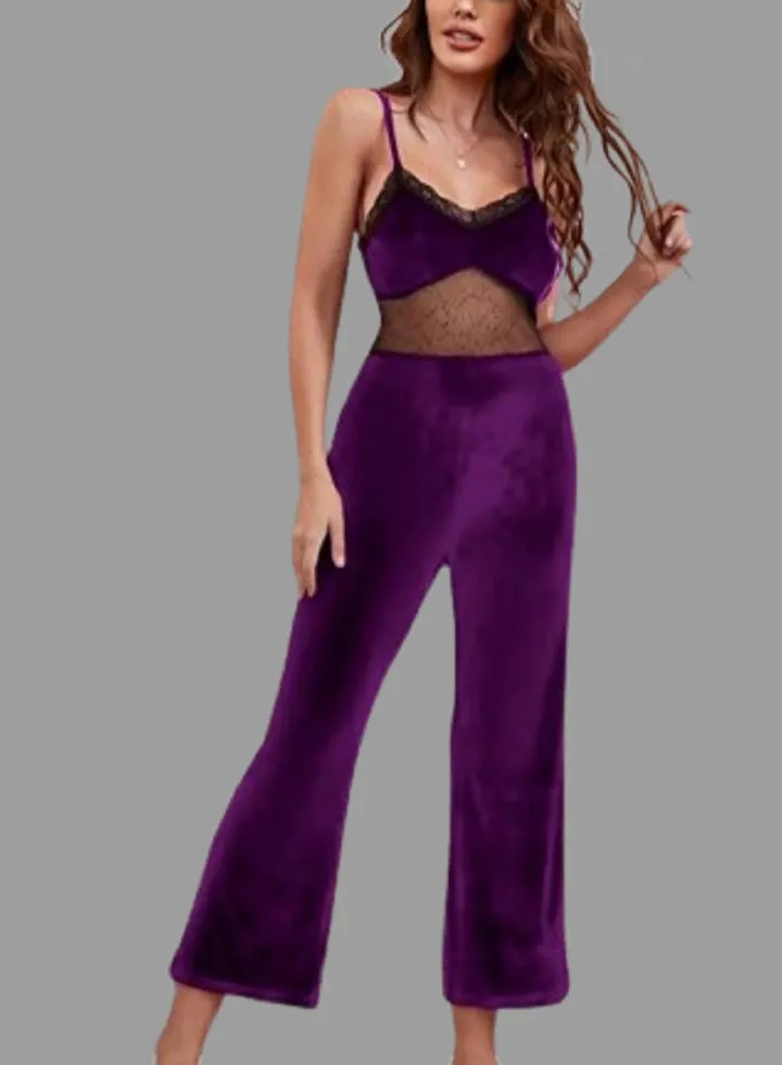 Women's velvet bodysuit, sleeveless, lace front and back