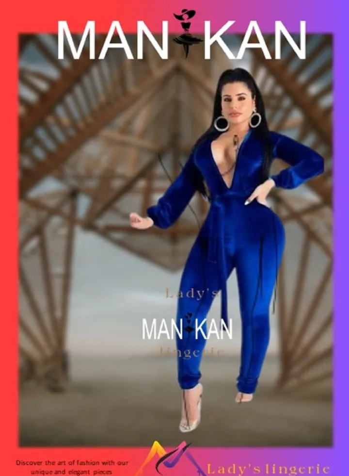 Manikan Women's velvet jumpsuit with open back and V-neck, attached with belt.