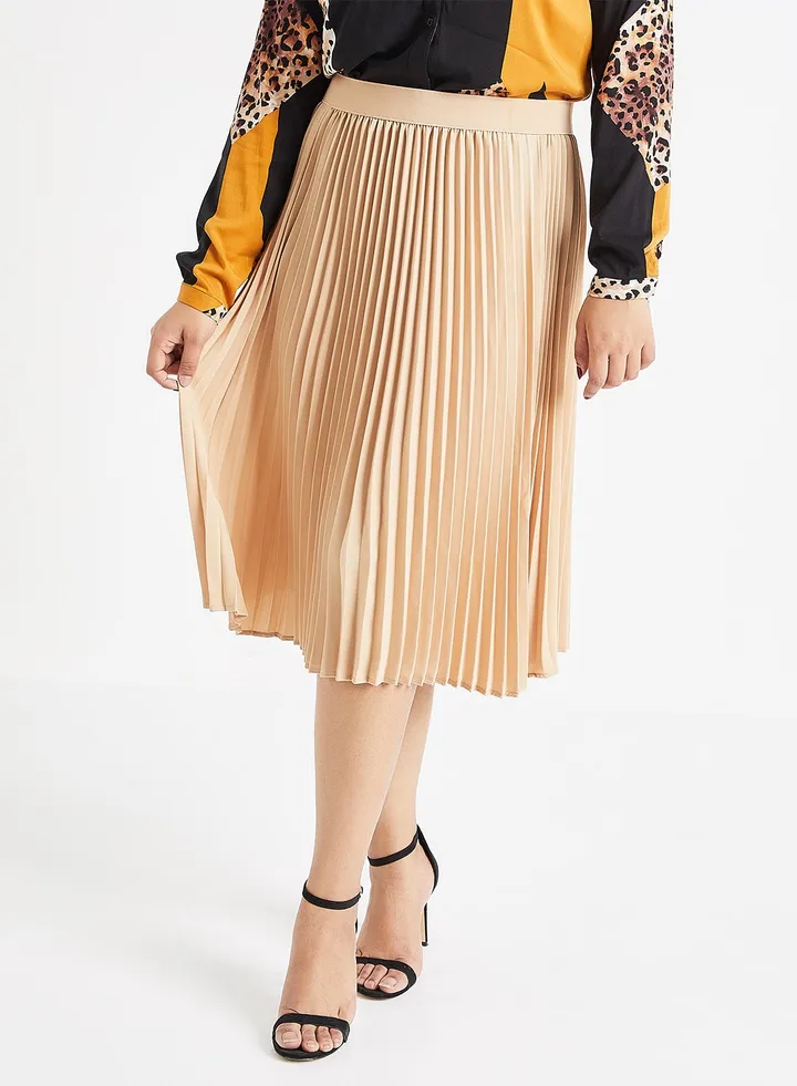 Saga Pleated Midi Skirt Beige
