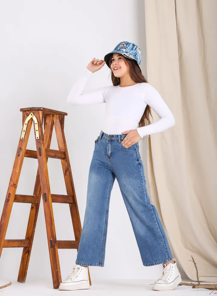 Wide Leg Jeans Trousers For Girls Light Blue Color