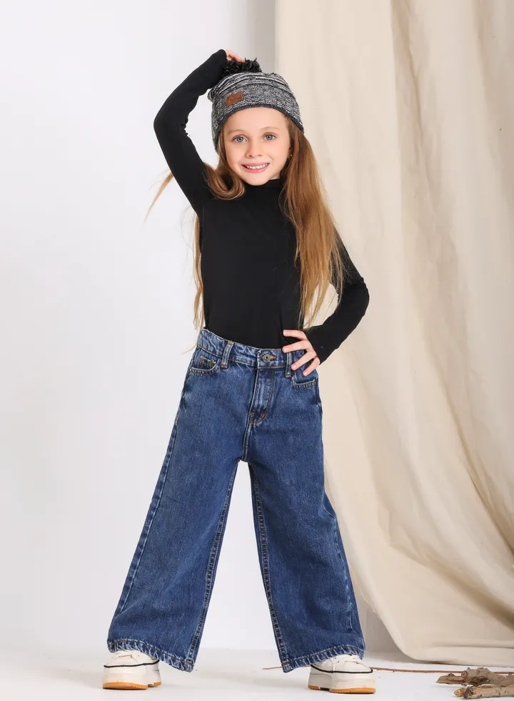 Wide Leg Jeans Trousers For Girls Dark Blue Color