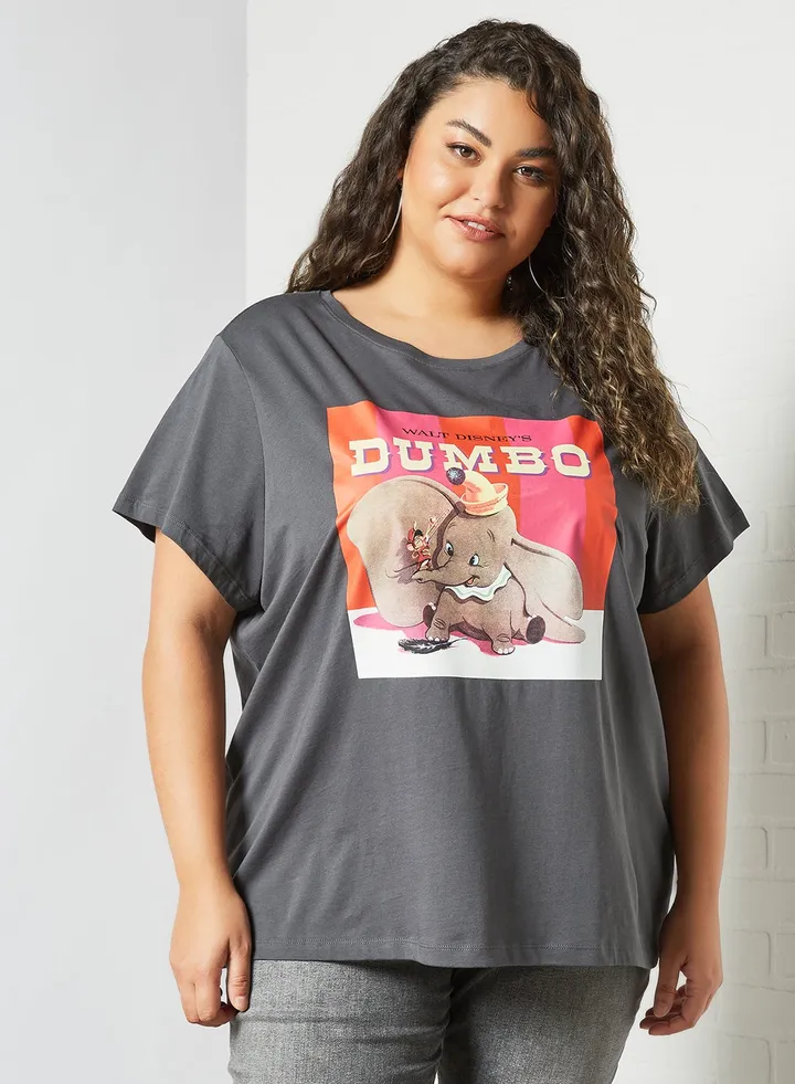 Curvy Dumbo Print T-Shirt Grey