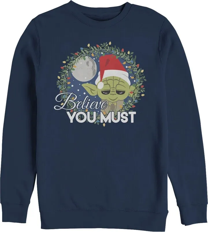 Men's Star Wars Christmas Cute Yoda Wreath Sweatshirt - Navy Blue - Large