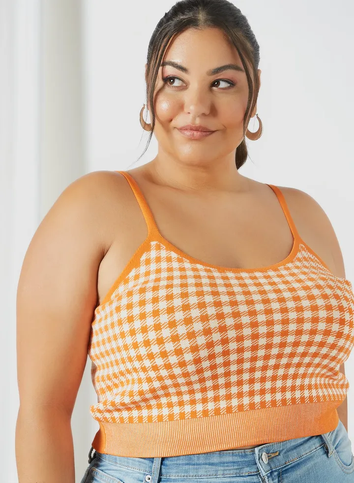Plus Size Gingham Knitted Cami Top Orange