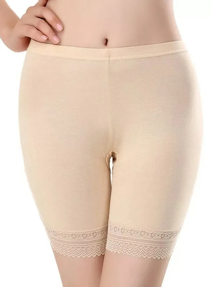 Women's Cotton Lycra Stretchable Lace Cycling Shorts/Under Skirt Shorts Safety Shorts Beige