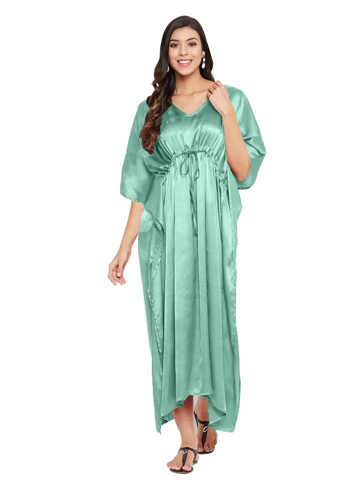 Women Elegant Plus Size Green Comfy Kaftan Satin Sleepwear Nighty Gown for Lady