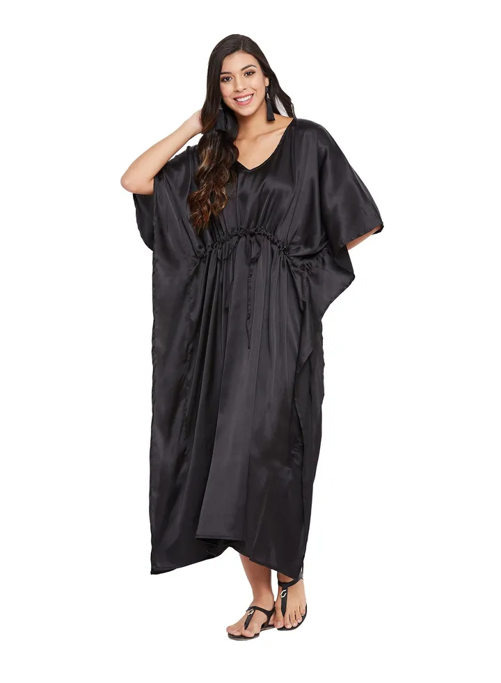 Women Plus Size Silky Satin Black Maxi Nightgown Sleep Dress Long Kaftan for Ladies