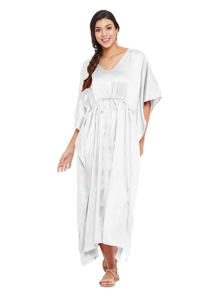 Women Plus Size White Satin Loungewear Maxi Nightdress Sleep Robe Long Casual Kaftan for Ladies