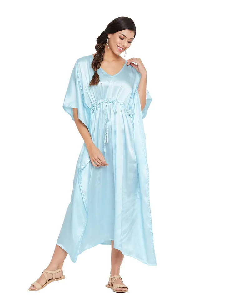Plus Size Long Pastel Blue Silk Satin Breathable Nightgown kaftan House wear for Women