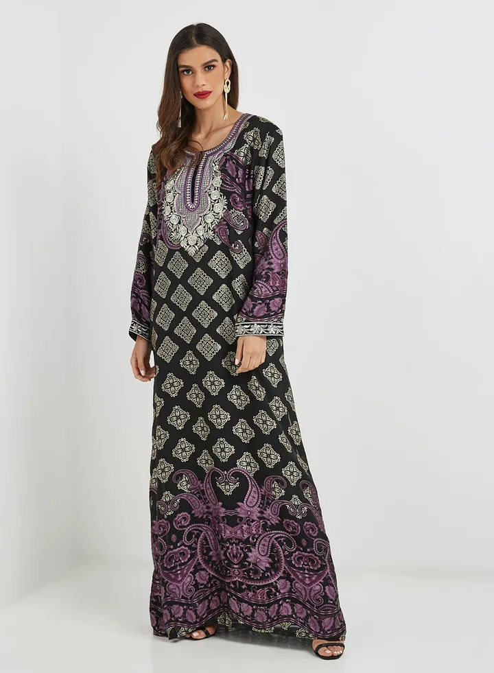 Traditional Floral Printed Jalabiya Purple/Black