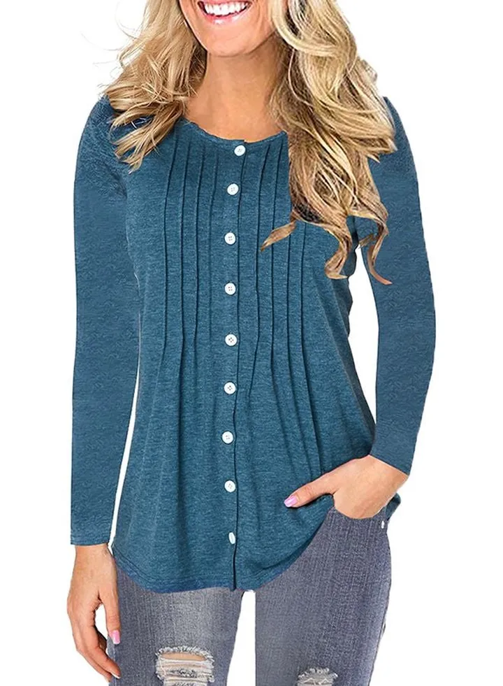 Long Sleeves Solid T-Shirt Blue