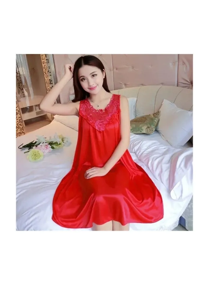 1-Piece Women Night Gowns Sleepwear,Nightwear Long Sleeping Dress,Luxury Women Casual Night Dress,Ladies Home Dressing,Colour Red