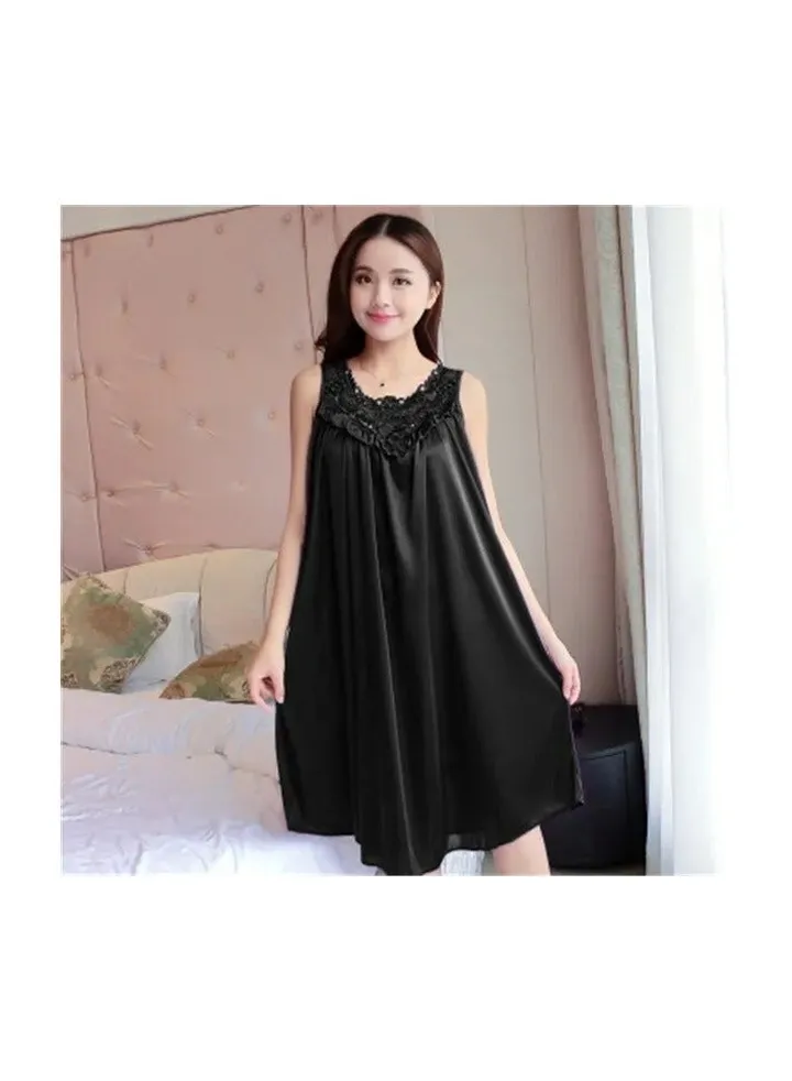 1-Piece Women Night Gowns Sleepwear,Nightwear Long Sleeping Dress,Luxury Women Casual Night Dress,Ladies Home Dressing,Colour Black