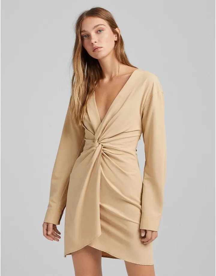 Bershka twist front shirt dress in beige