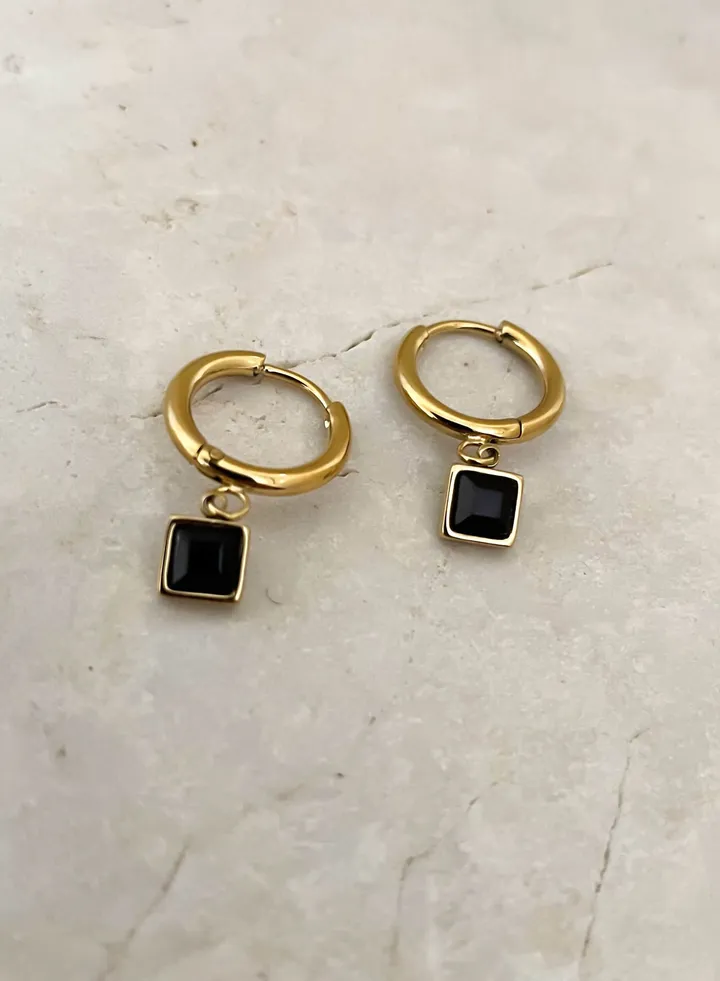 Square Stone Huggies Earrings- Black
