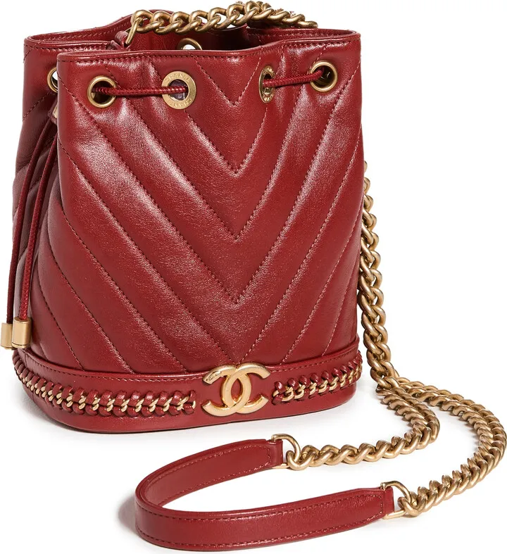 What Goes Around Comes Around Chanel Red Lambskin Chevron Bucket Bag