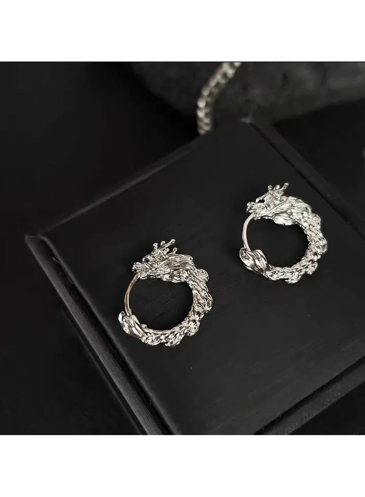 Silver Dragon Earring Clip Happiness Chinese Zodiac Hollow Earrings