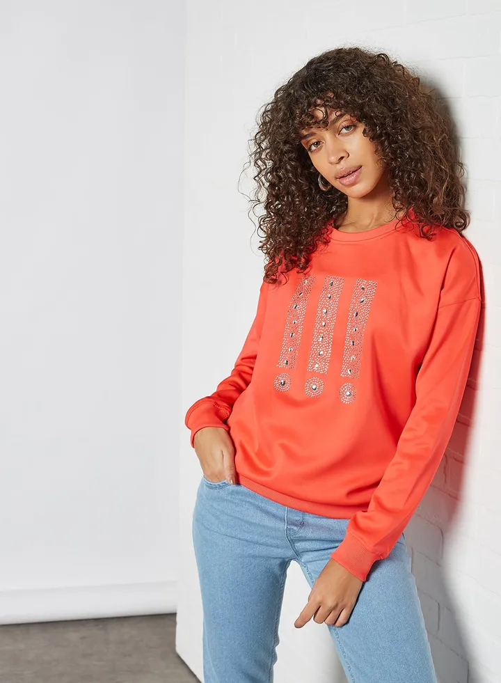 Faux Rhinestone Embellished Sweatshirt Coral