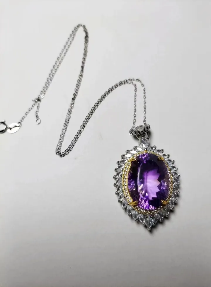 fashion 925 sterling silver with natural gem stone cutted purple crystal necklace