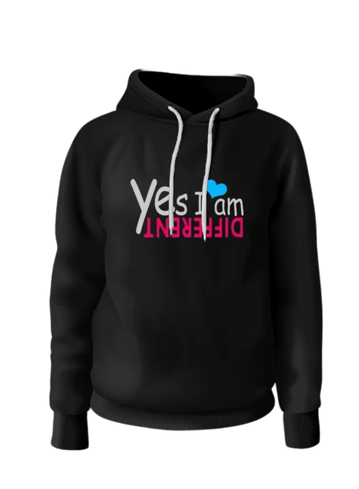 Black cotton pullover with hood and Yes I'm Different design print