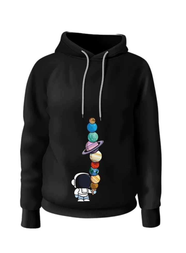 Black cotton pullover with head cover and a print of an astronaut holding ice-cream in solar system planets shape