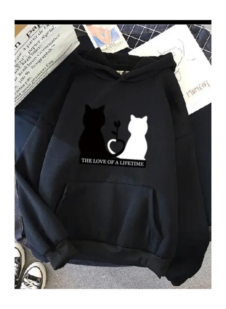 Women's cat print hoodie with hood and long sleeves. Autumn and spring clothing