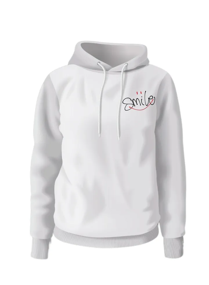 White cotton pullover with a print of a design for the word "smile" on the left side of the chest