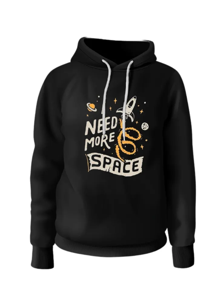 Black cotton pullover with a print of "NEED MORE SPACE" with a rocket and two planets