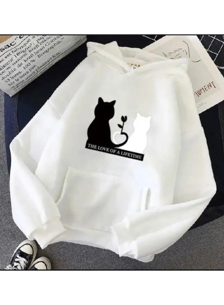 Women's cat print hoodie with hood and long sleeves. Autumn and spring clothing