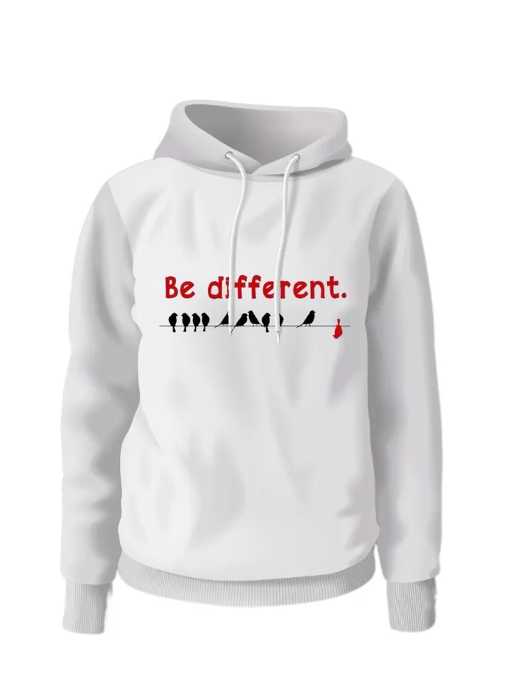 White cotton pullover with a print of "Be different" and many birds below