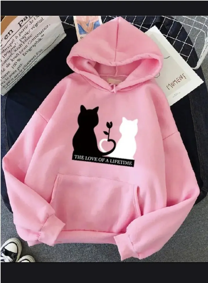 Women's cat print hoodie with hood and long sleeves. Autumn and spring clothing