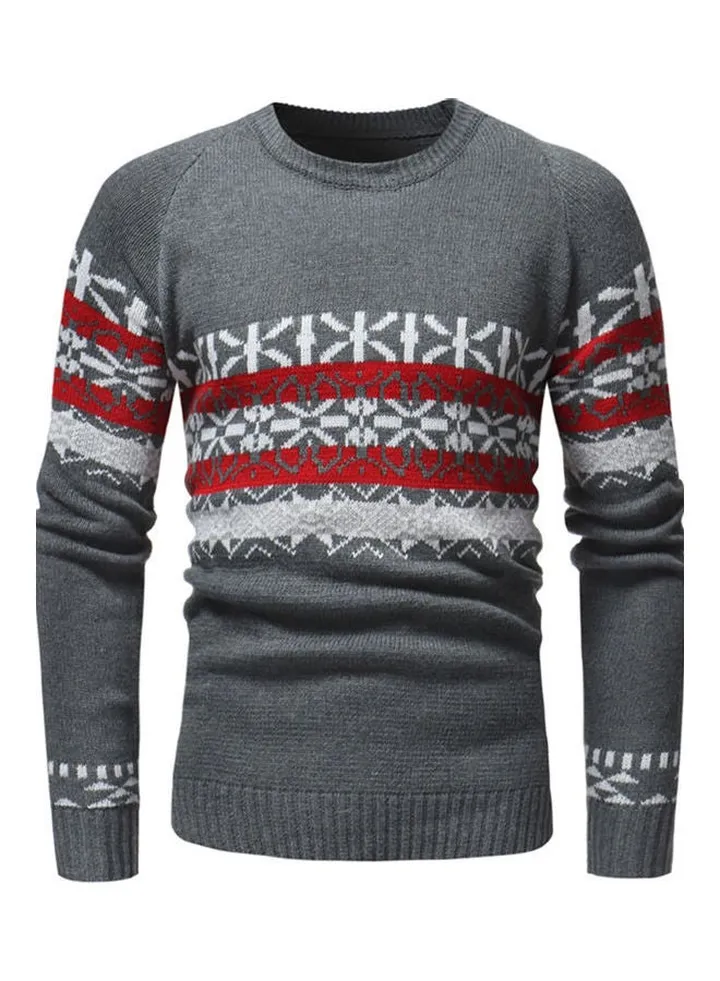 Casual Printed Crew Neck Sweater Grey/White/Red