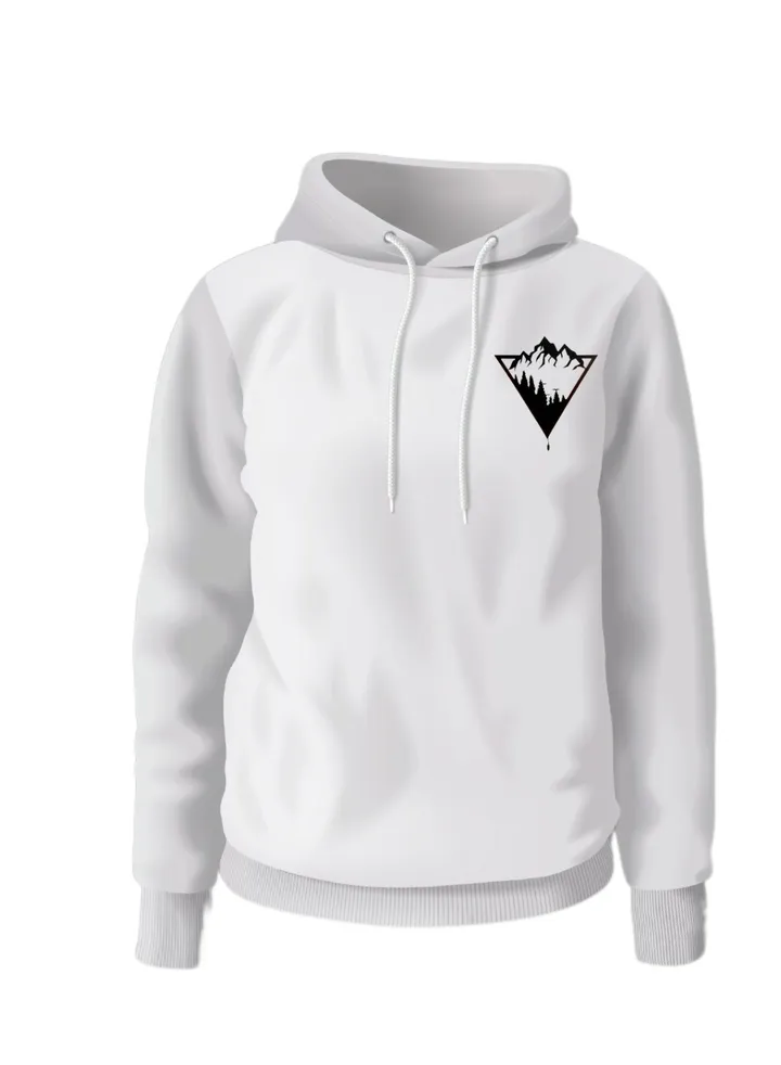 White cotton pullover with head cover and a print of inverted triangle that includes mountains and trees