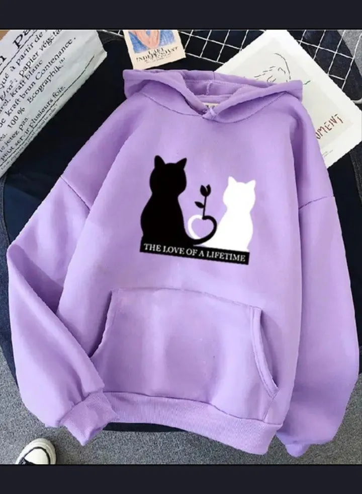 Women's cat print hoodie with hood and long sleeves. Autumn and spring clothing
