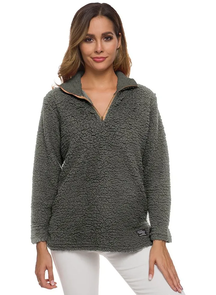 Long Sleeve Lamb Wool Zipper Pullover Grey