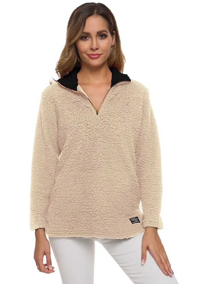 Long Sleeve Lamb Hair Zipper Pullover Beige