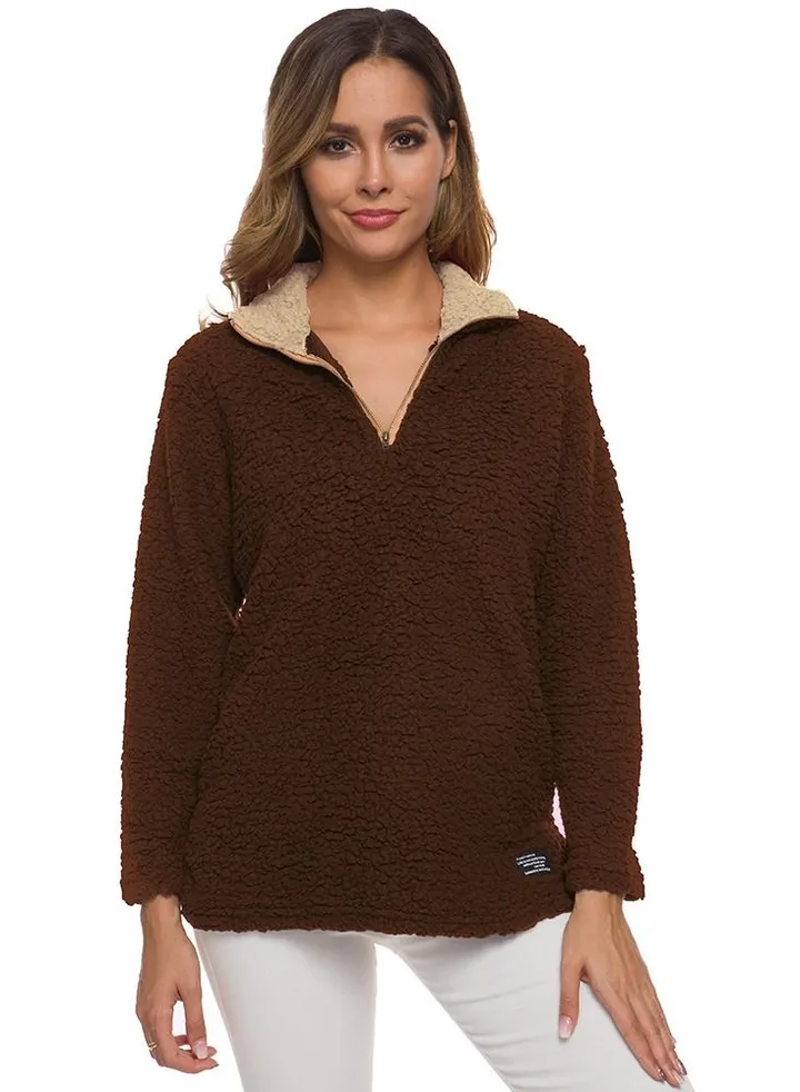 Long Sleeve Lamb Hair Zipper Pullover Brown