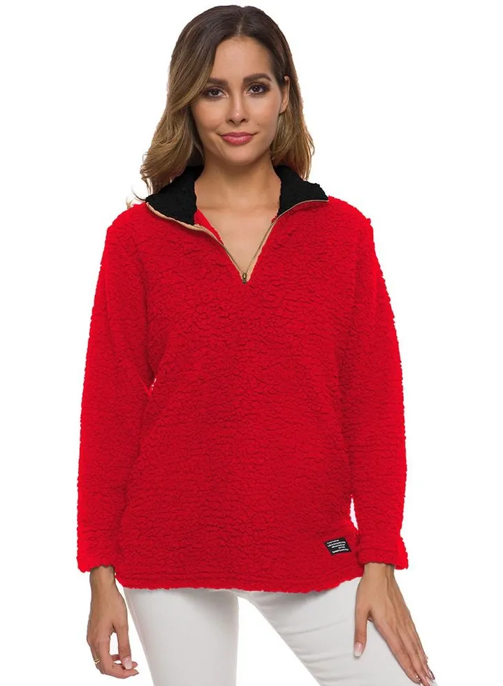 Long Sleeve Lamb Hair Zipper Pullover Red