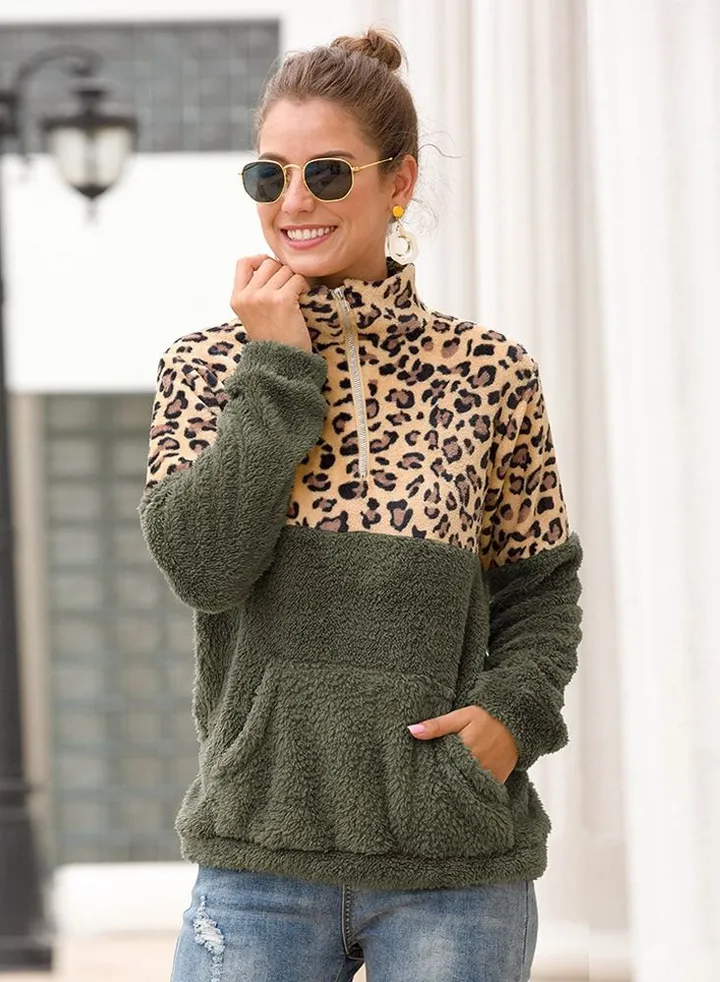 Zip Lapel Reversible Velvet Leopard Patch Pullover Multicolour