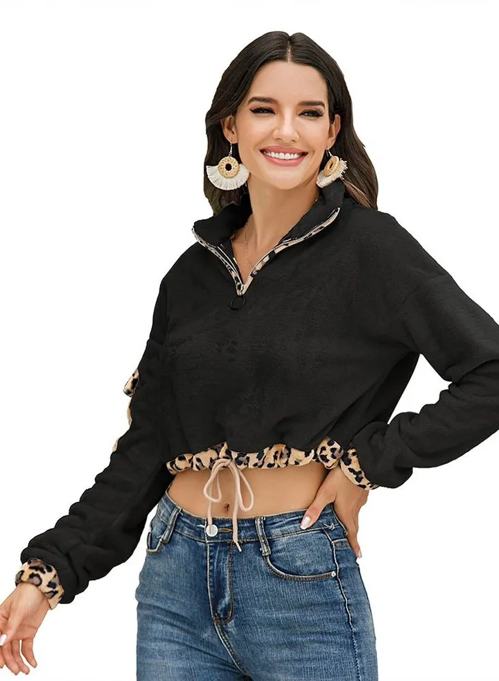 Leopard Color Matching Drawstring Pullover Black