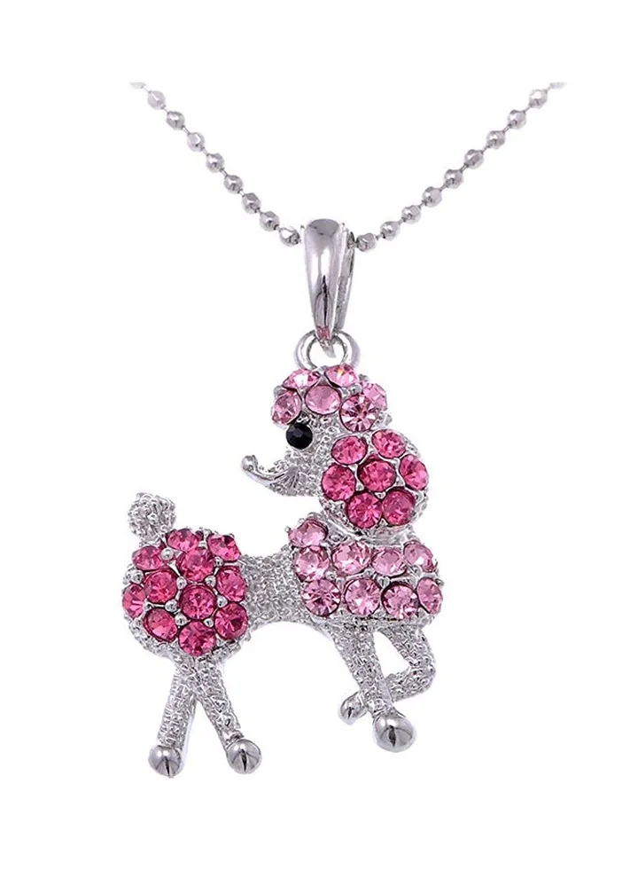 Rhinestones Poodle Puppy Dog Pendant Necklace