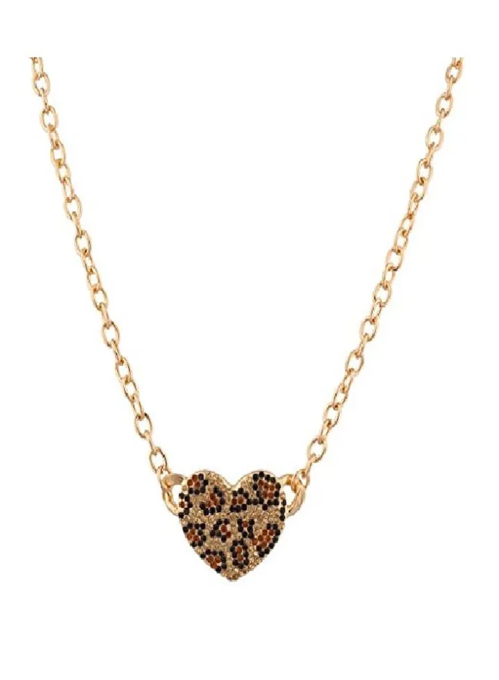 Brass Leopard Animal Print Pave Heart Pendant Necklace