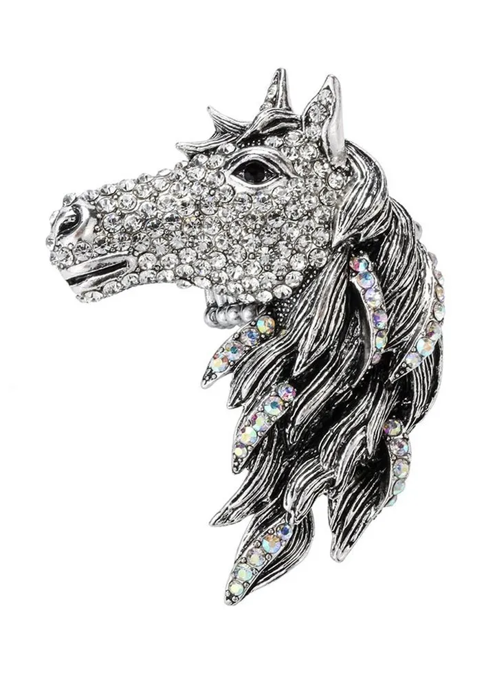Crystal Big Horse Brooch Pendant Necklace