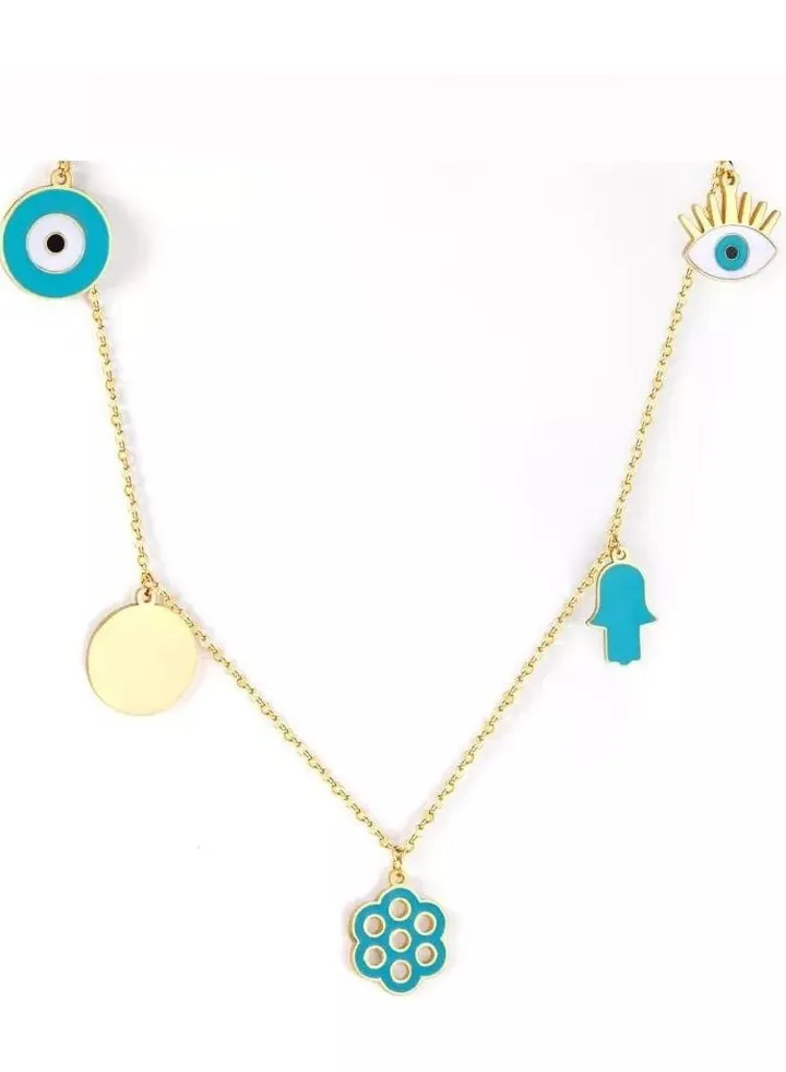 Stainless Steel Simple Blue Turkish Evil Eye Lucky Flower Charm Necklace For Women and Girls